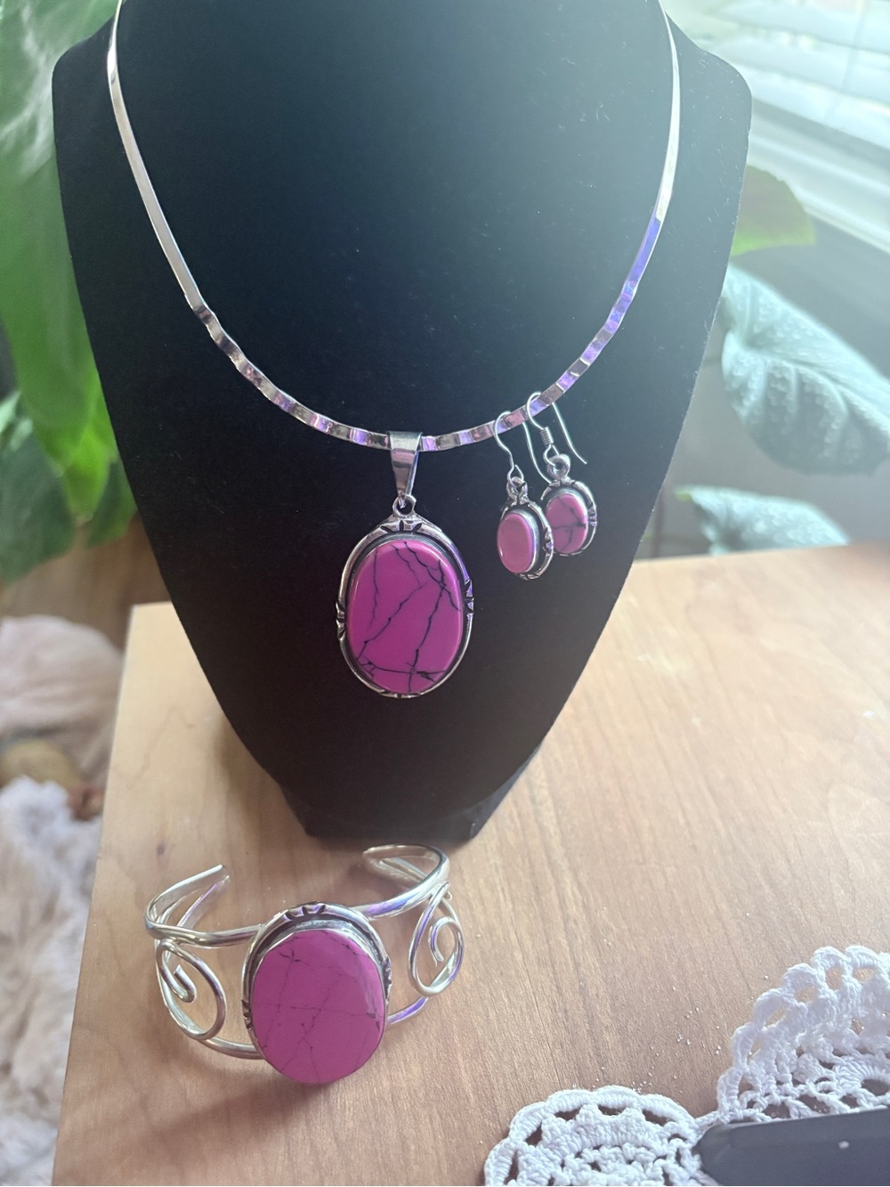 Pink Stone tone with real sterling silver overlay-Necklace, Earrings & Cuff Set